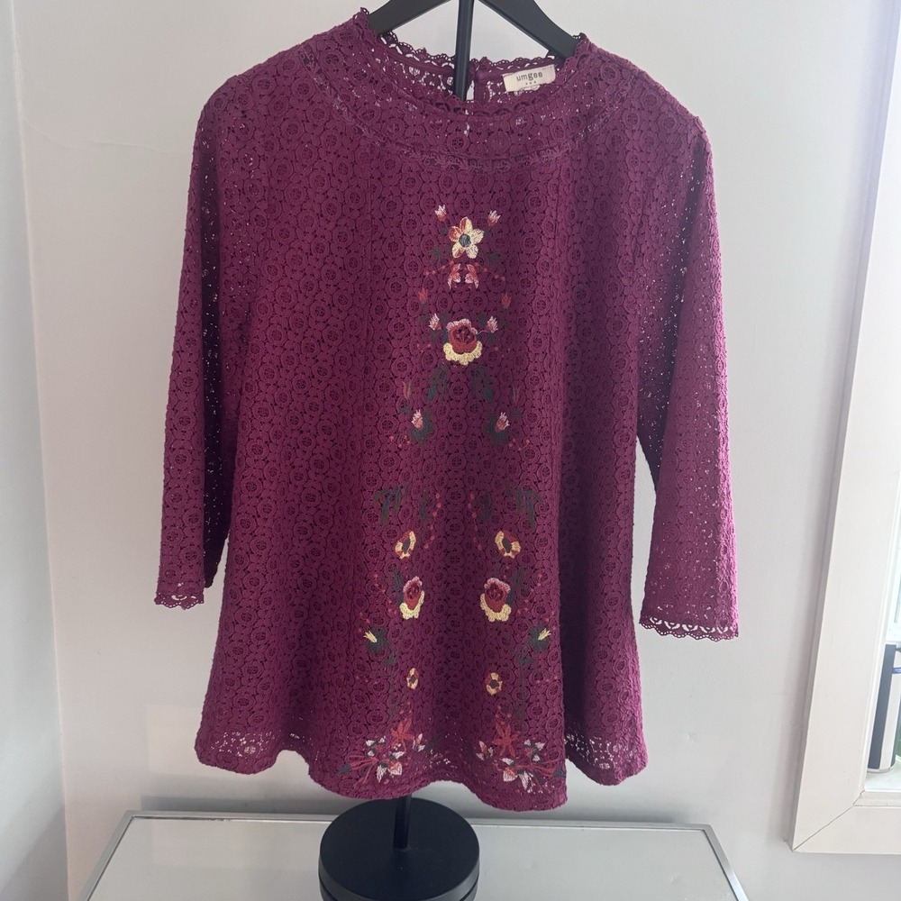 Umgee Lace Top Womens L Burgundy Embroidered Boho Cottagecore Floral Tunic